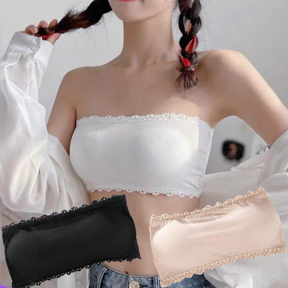 

Women One Piece Strapless Bra With Back Buckle Anti-slip Tank Top Removable Pad Bra Soild Color Seamless Invisible Bralette