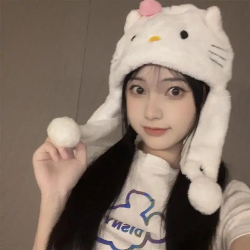 Sanrioed Hello Kitty Plush Hat Anime Kawaii Spring Winter Cartoon Cute Sweet Girl Thicken Keep Warm Ear Protection Festival Gift