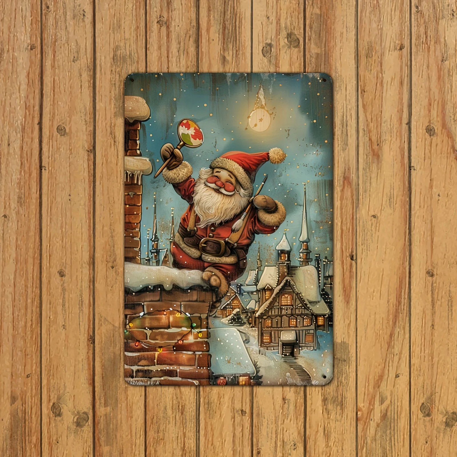 قطعة واحدة من لافتة القصدير العتيقة سانتا كلوز - 20.32 × 30.48 سم |   ديكور حائط ساحر للعطلات مع مشهد القرية الثلجية |   مثالية لغرفة المعيشة،