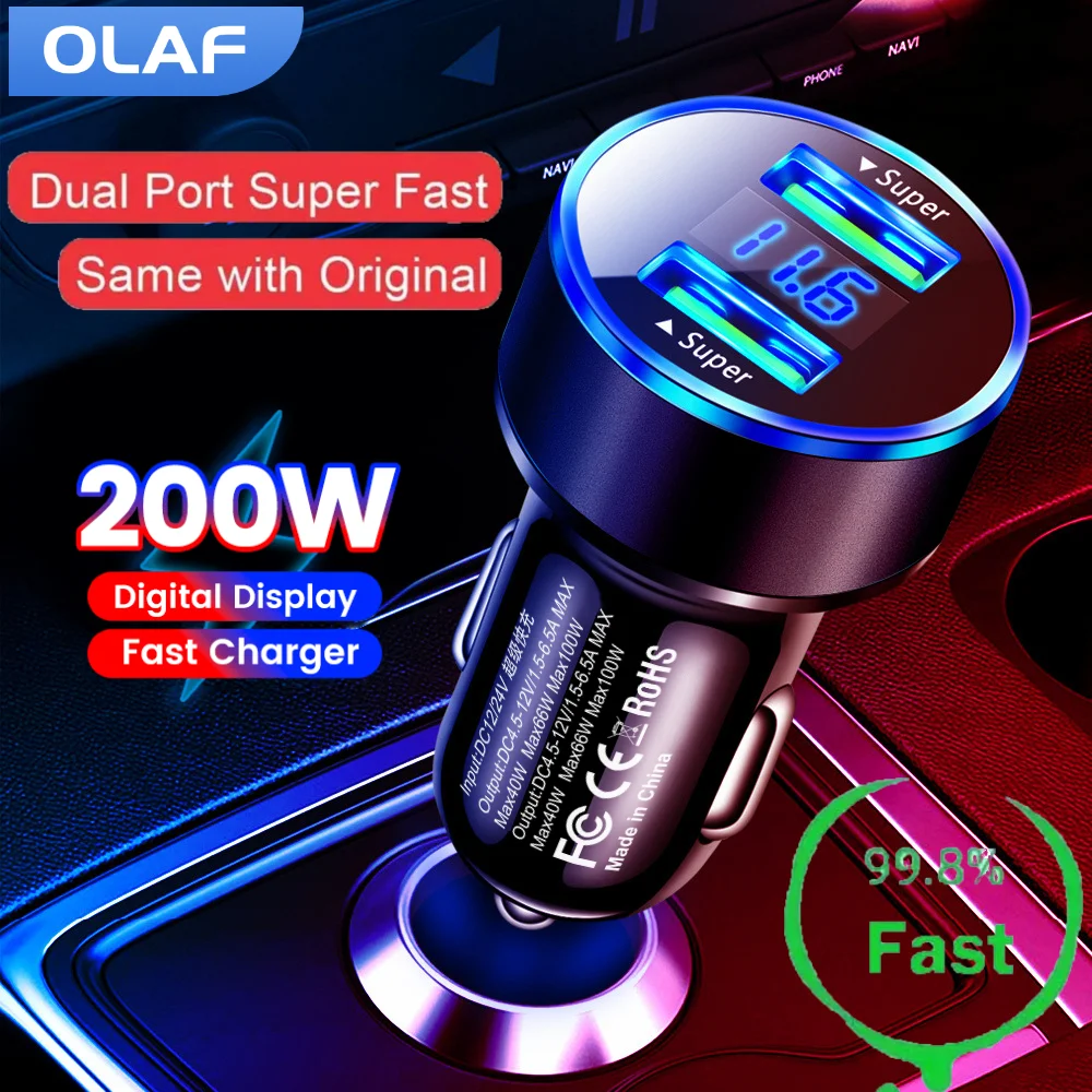 200W Mini Dual Ports USB Car Charger Super Fast Charging with Digital Display Quick Charging Adapter for IPhone Samsung Xiao mi