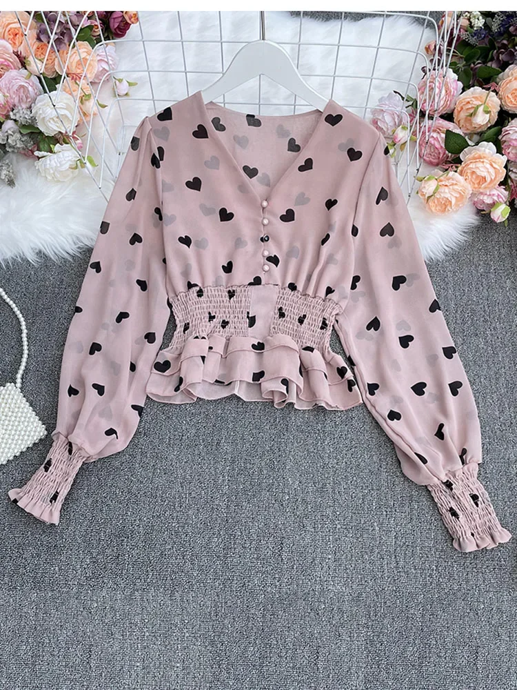 Spring Autumn Polka Dot Peach Heart Blouse Top Women\'s V-neck Puff Sleeve Short Pleated Waistless All-match Chiffon Shirt UK357