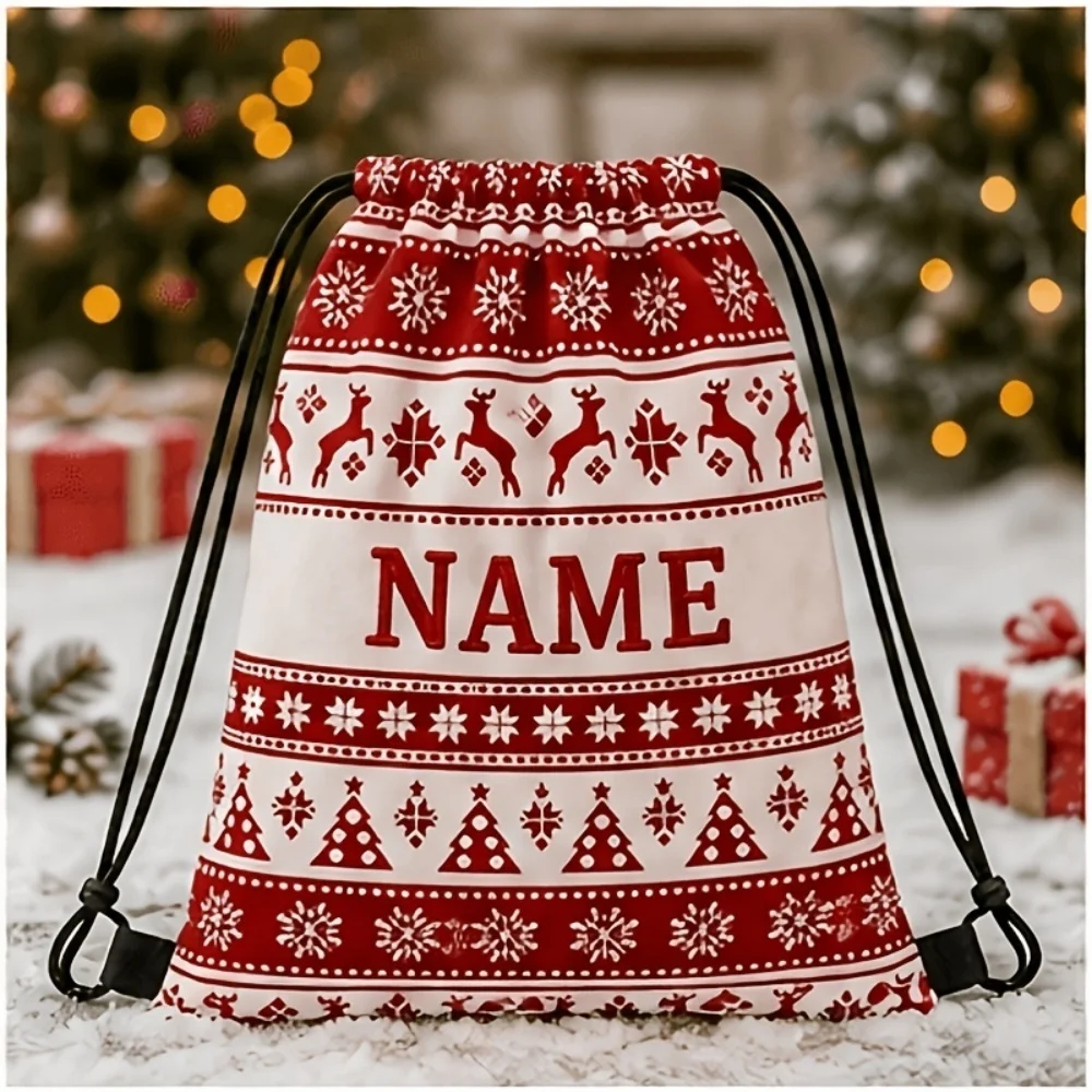 Personalized Custom Name Drawstring Bag, Christmas Fair Isle Reindeer Snowflake Lightweight Backpack for Xmas Gift Party Storage