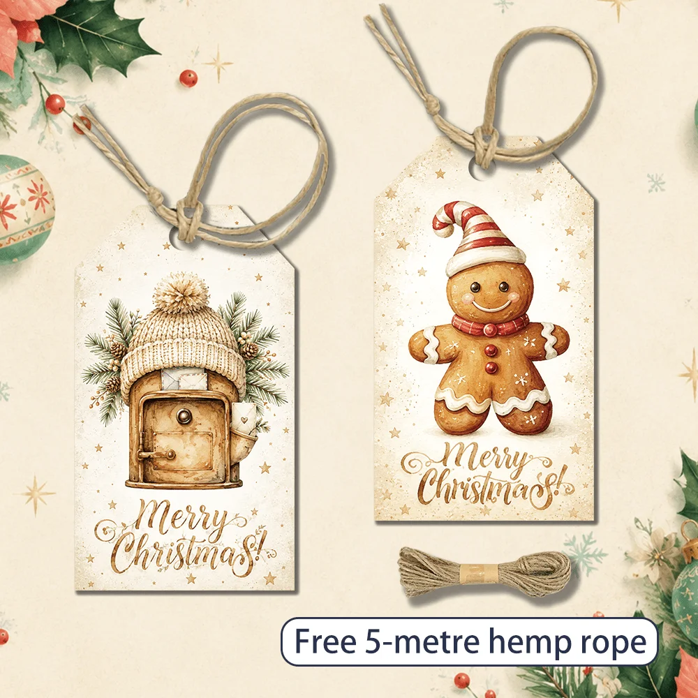 40pcs, Christmas Gingerbread Man Decorative Tags, Holiday Gift Labels, Party Decorations, Handmade Packaging Accents, Jute Rope