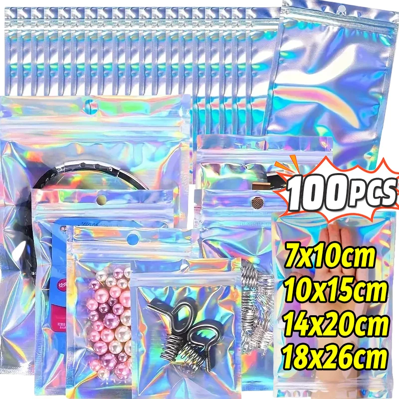

10/100 шт., лазерные герметичные пакеты, пластиковый голографический мешочек для конфет, пищевых продуктов, закрывающееся ожерелье, ювелирные изделия, подарочная упаковка, кухонная сумка для хранения