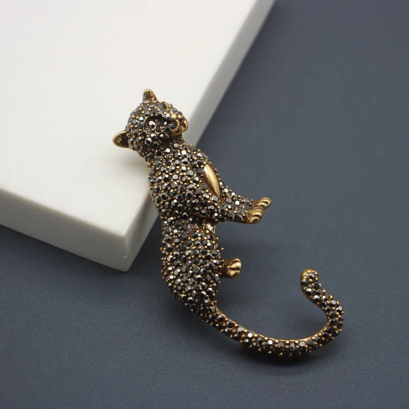 Vintage 3D Black Rhinestone Leopard Panther Animal Brooch Pin Jewelry for Men Women Retro Kitty Fashion Corsage Lapel Corsage