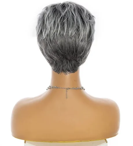 Short Black Root Grey Cut Straight Slight Layered Synthetic Hair Wig