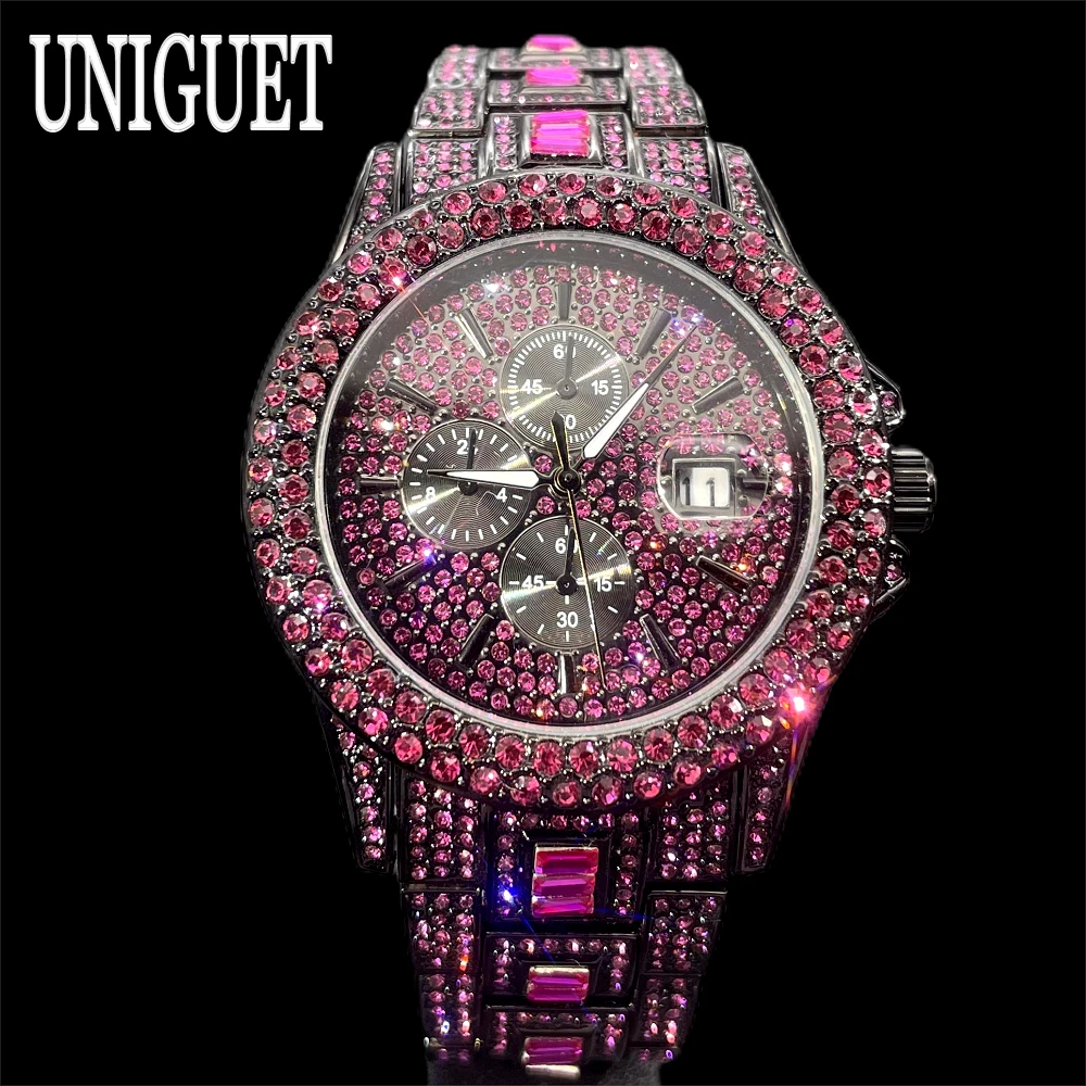 Hot Sell Red Ice Watch For Men Fashion Brand UNIGUET Hip Hop Full Diamond Luxury Stainless Steel Jewelry Quartz Wristwatch Man