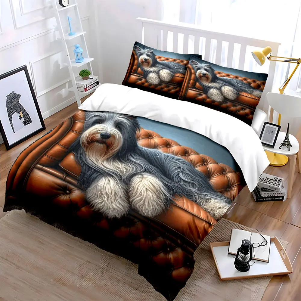 Fluffy dog lounging on leather sofa Pattern Duvet Cover Set Digital Print Colorful Polyester Bedding with Zipper Closur