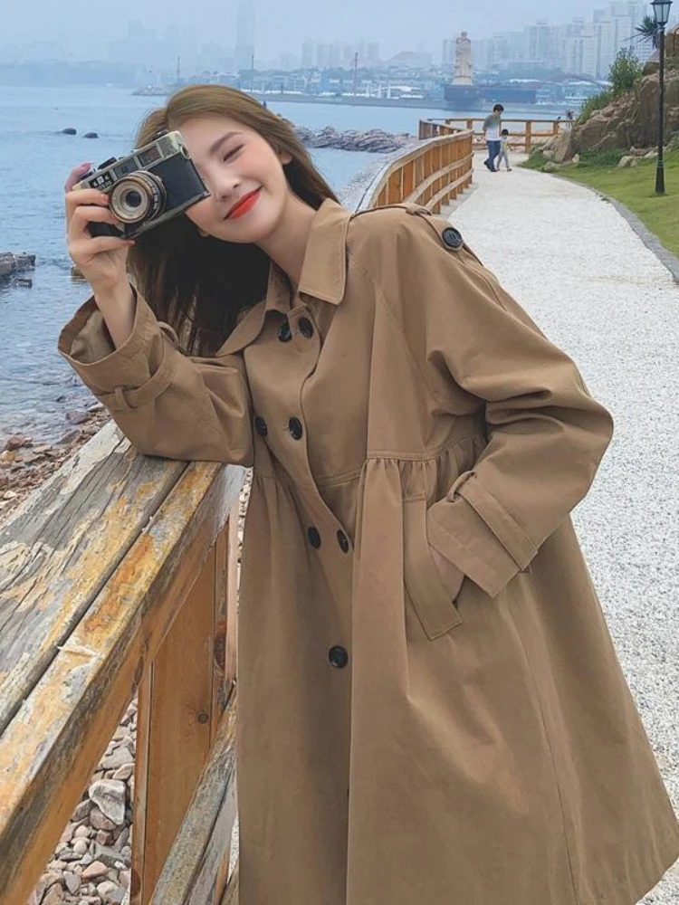 

Spring and Autumn High-Quality Khaki Trench Coat 2023 Women's Classic Vintage Double Breasted loose Fit Mid Length Trench Coat