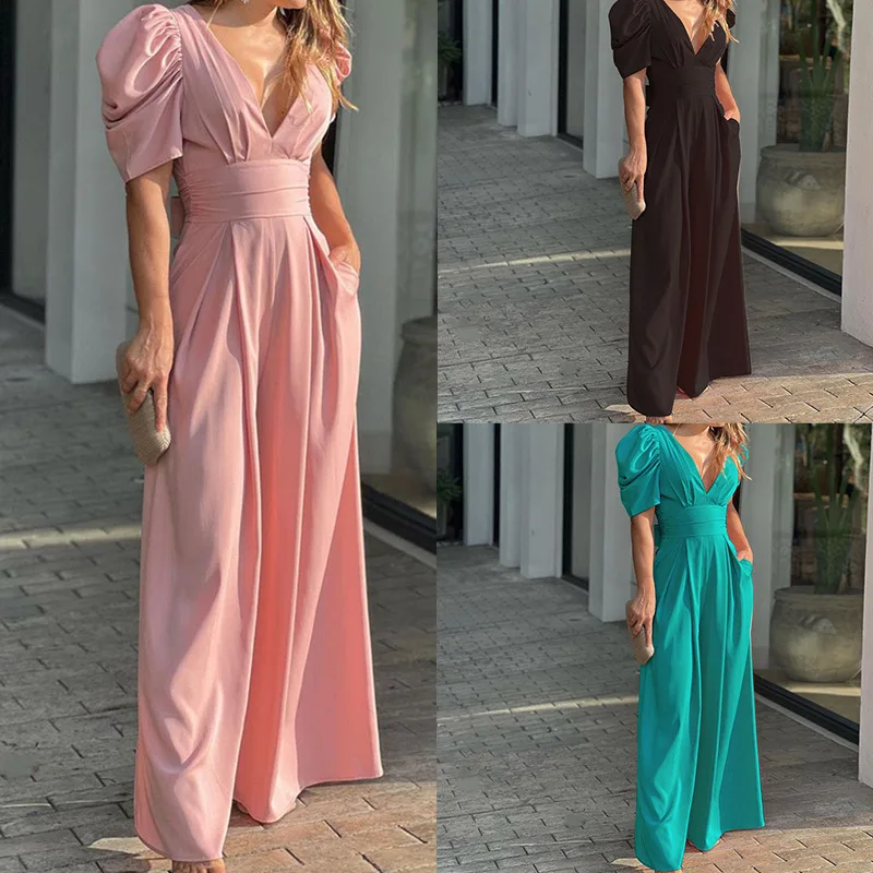 Damen-Jumpsuit mit V-Ausschnitt, Puffärmeln, offenem Rücken, weitem Bein, hoher Taille und Rückenbindung für formelle Anlässe und Partys