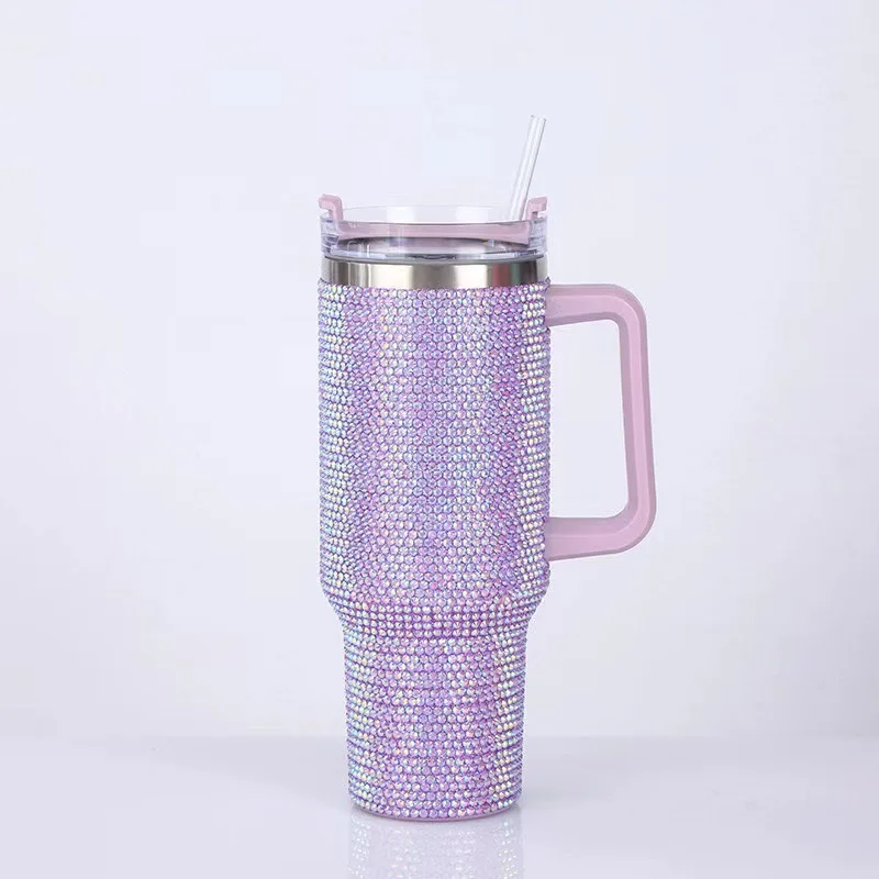 

Diamond-encrusted 40oz Handle Cup Large Capacity 304 Stainless Steel Hand-drilled Rhinestone Car Cup High Value Water Bottle