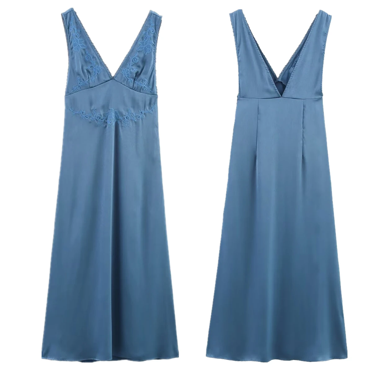 

Jenny&Dave French Country Style Embroidered Tank Dress Summer Minimalist Blue Elegant V-Neck Sleeveless Midi Dress Women