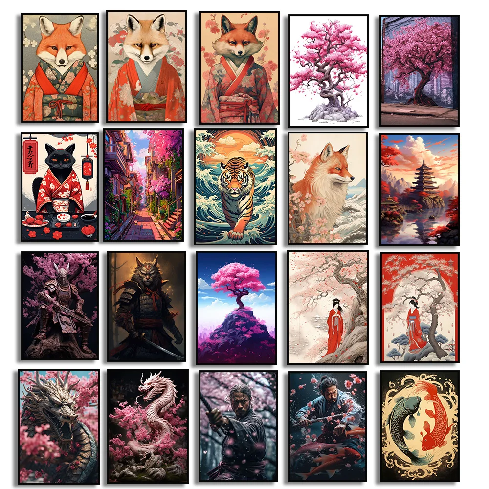 Japanese Landscape StreetTiger Cherry Blossom Samurai Koi Fox Dragon Geisha Ninja Cat Poster Print Canvas Painting Room Decor