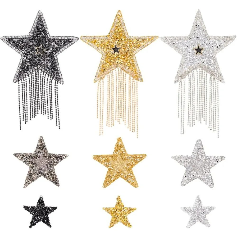 9 Styles Star Iron on Applique Patches Silver Gold Black Hotfix Rhinestone Patches Tassel Star Glitter Crystal Patches