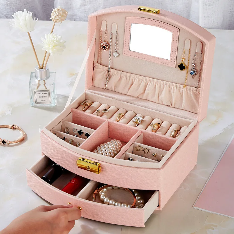 

Запираемый двухслойный ящик для драгоценностей - органайзер для хранения помады и ожерелья, серег (горячая распродажа)