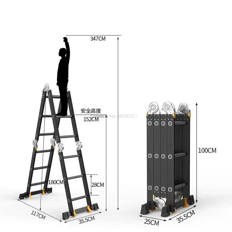 Imagem -04 - Escada Dobrável Multiusos Liga de Alumínio Telescópica Espinha de Arenque Engrossar Reto 3.7m mm