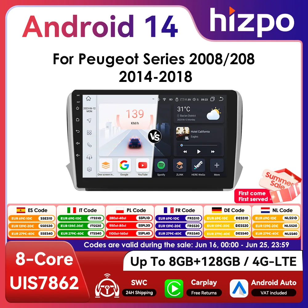 10.1 Jodepo CarPlay Schermo 2Din Android13 Autoradio per Peugeot 208 2008 2014 - 2018 DSP RDS WiFi BT 4G SWC Navigazione GPS