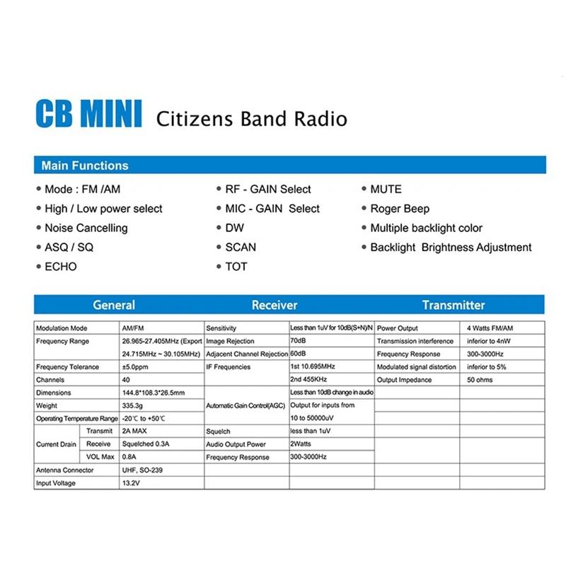 27M Radio 27Mhz CB Radio Mobile Transceiver 40 Kanal FM AM Modulation Mini Citizen Band Walkie Talkie