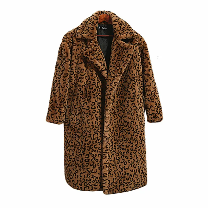 1.7kg-1.9kg Weight Winter Thick Warm Leopard Long Teddy Fur Coat Women Outerwear Loose Suit Collar Faux Rabbit Fur Jacket Female