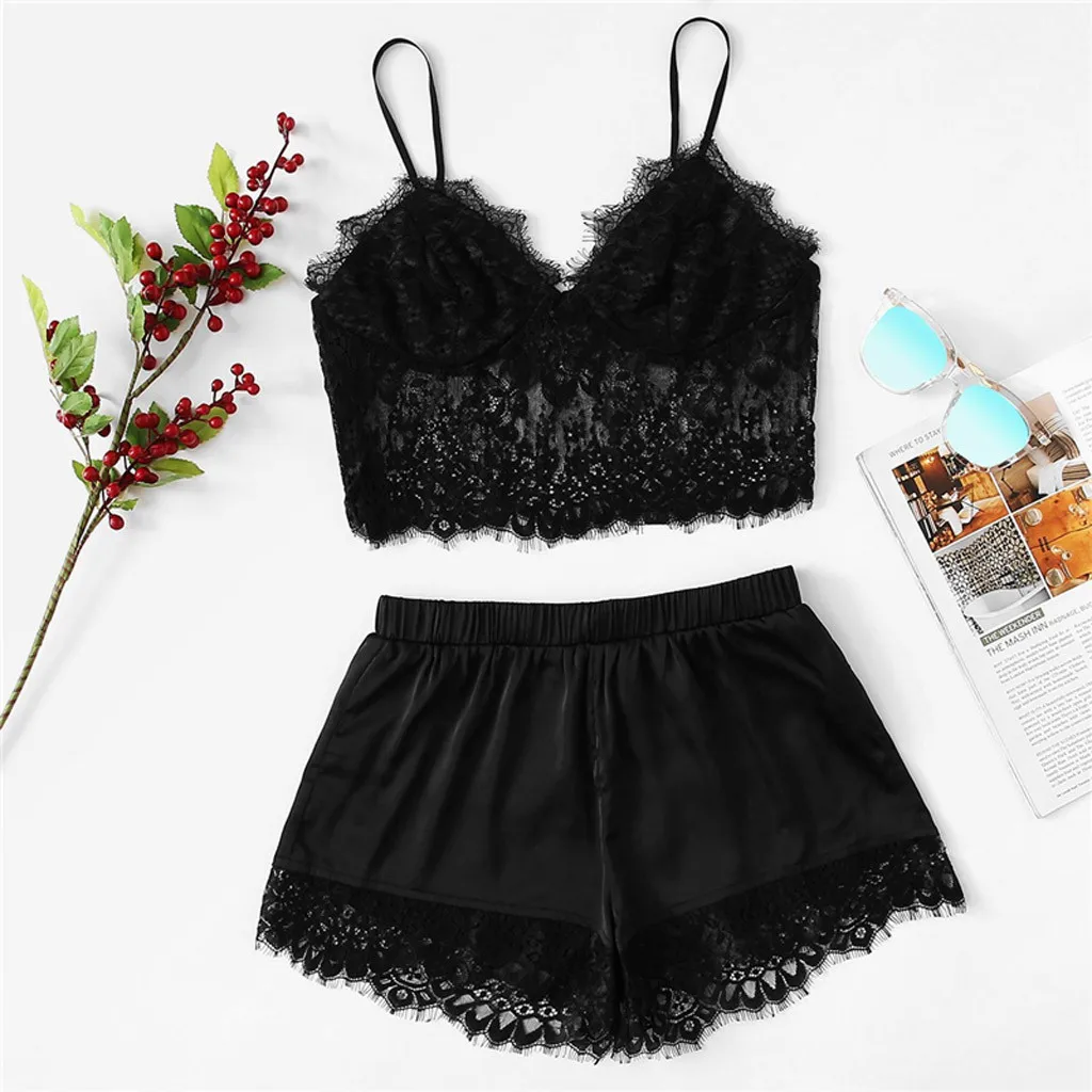 Womens Sexy Sling Sleepwear Lingerie Plus Size Beauty Back Lace Nightwear Silk Short Set V Underwear Set Lingeries Sets Sexy