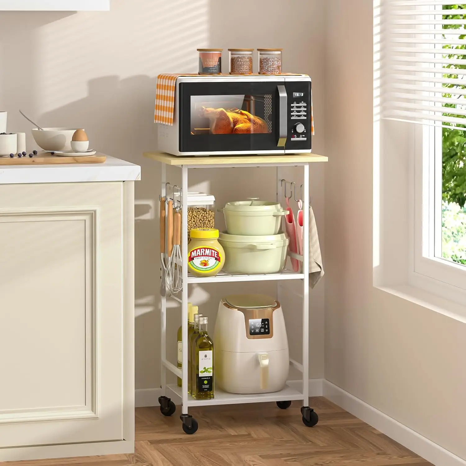 

3-Tier Rolling Kitchen Cart with Adjustable Shelf, Lockable Wheels for Microwave Storage & Organization