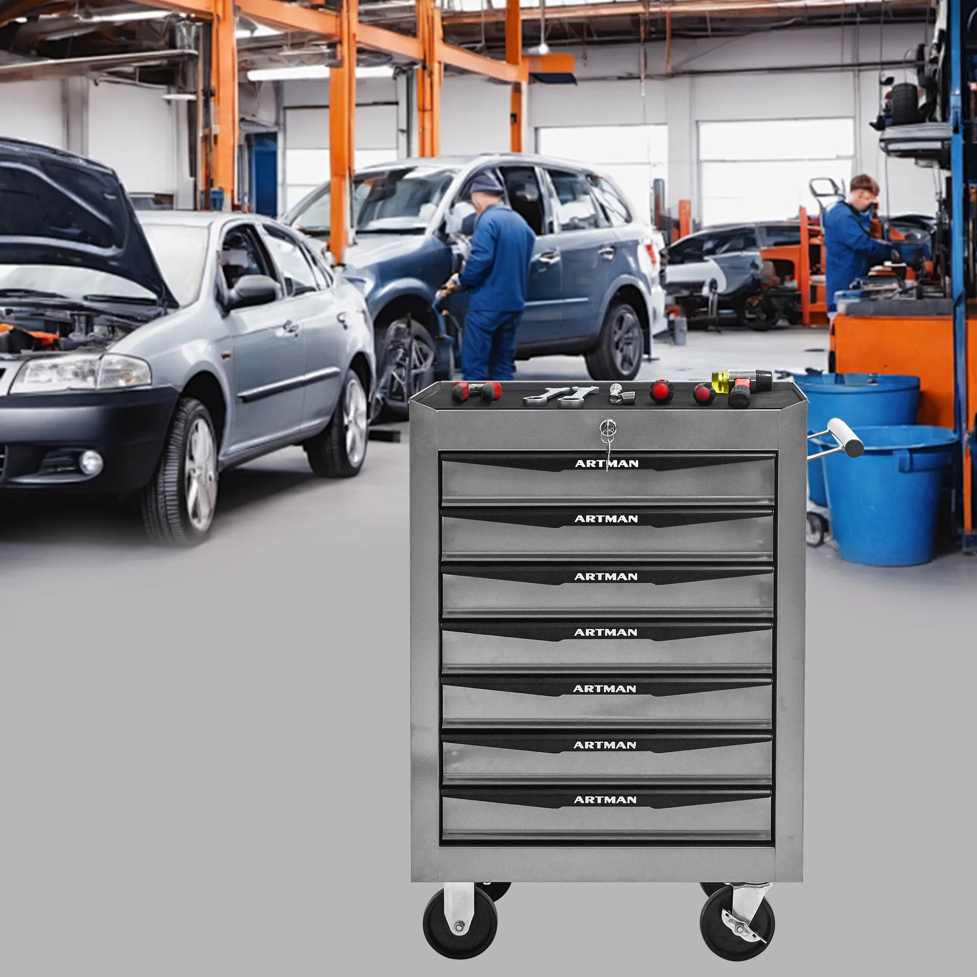 

Металлическая тележка-органайзер для инструментов с 7 выдвижными ящиками, усиленная стальная, с замком, для мастерской/гаража, НОВИНКА, черно-серебристая