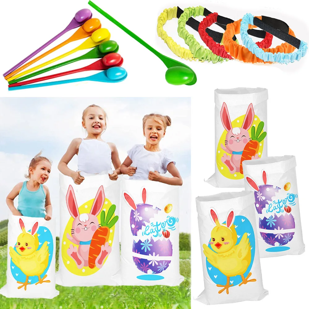 Easter Potato Sack Race Jumping Bags Spoon and Egg Race Legged Relay Race Bands Outdoor Party Games for Kids and Family