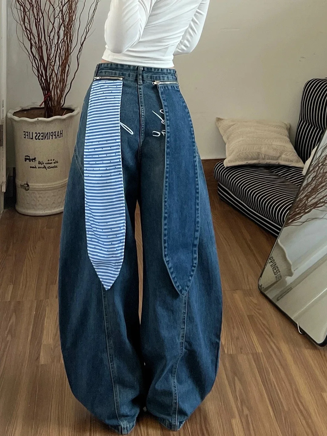 Y2K Womens Patchwork Jeans American Retro Star Rabbit Ear Loose Wide Leg Curved Knife Spring Autumn Pants