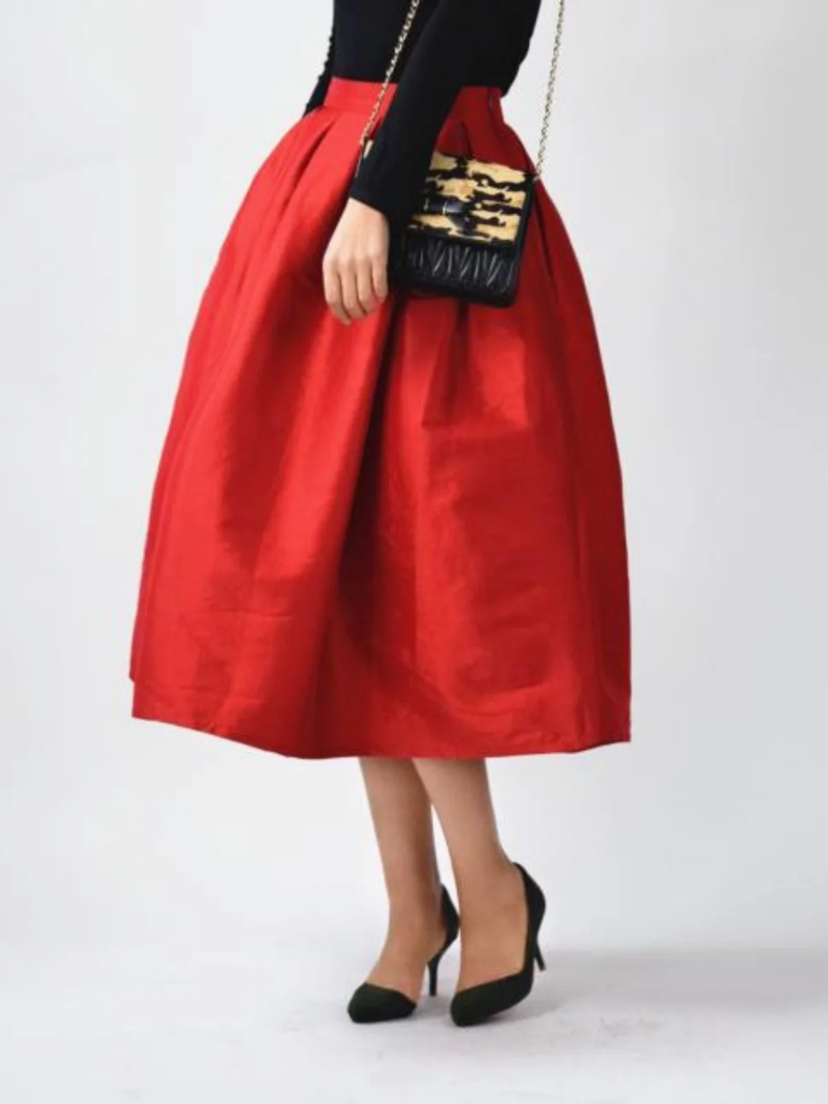 Zuiwei Pure Color Midi High Waist Vintage Women's Umbrella Skirt Hepburn Elastic Waist Spring Autumn New Sle Ele A-Line...