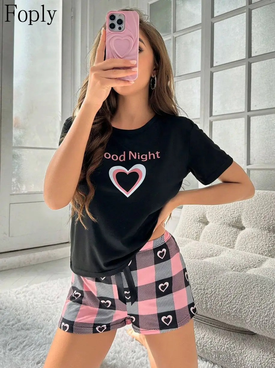 

Women's Pajamas Set Plaid Heart Print Pijama Short Sleeve Crew Neck Top Elastic Shorts Cute Sweetheart Loungewear Sleepwear