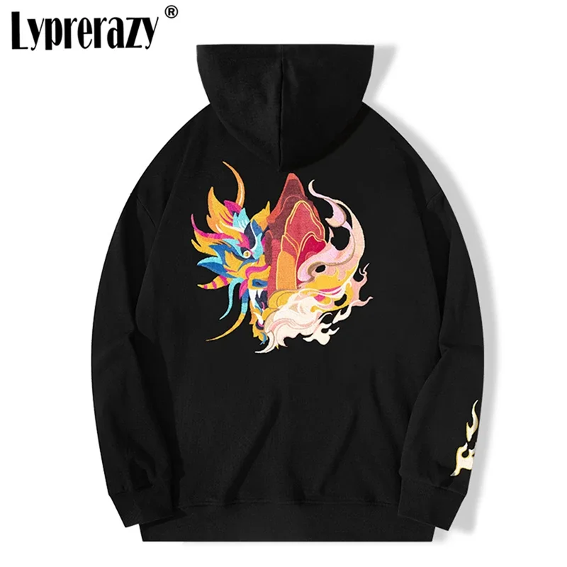 

Lyprerazy National Tide Embroidery Chinese Style Men Hoodies Sweatshirts Streetwear Cotton Pullover Hooded