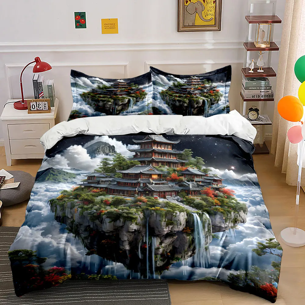 Ancient-style buildings on floating island Pattern Duvet Cover Set Digital Print Colorful Polyester Bedding with Zipper Closur