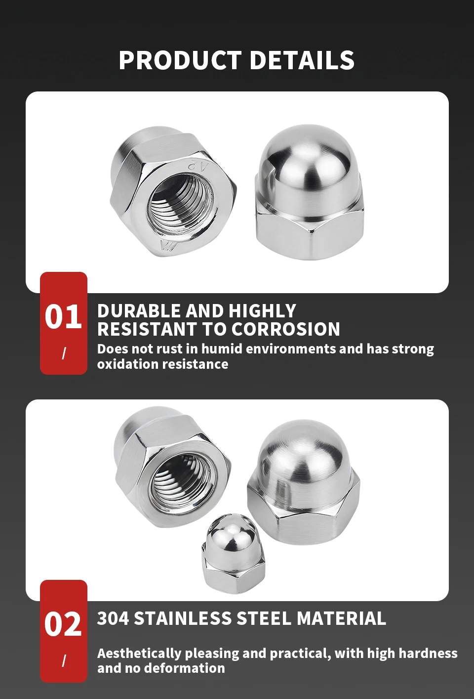 DIN1587 304 Edelstahl-Maulbeinmuttern M3 M4 M5 M6 M8 M10 M12 M14 M16 Dekorative Rostfreie Befestigungselemente für Möbel und Ausrüstung – Detail 4