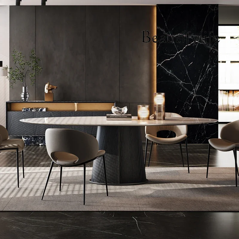 X /Italian Light Luxury/Jazz White Natural Stone/Modern Oval Solid Wood Dining Table