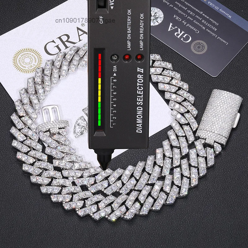 Hip Cubana Hop Jewelry Bling 20mm Sterling Silver 1 Row VVS Moissanite Diamond Iced Out Miami Cuban Link Chain Necklace.