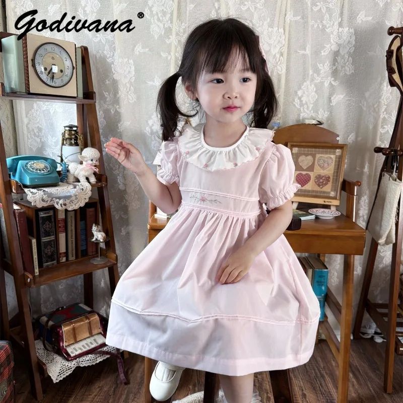 

2026 Summer New Cute Girls Vintage Light Pink Handmade Embroiderey Dress Kids Floral Puff Sleeve Ruffle O-neck Casual Dresses