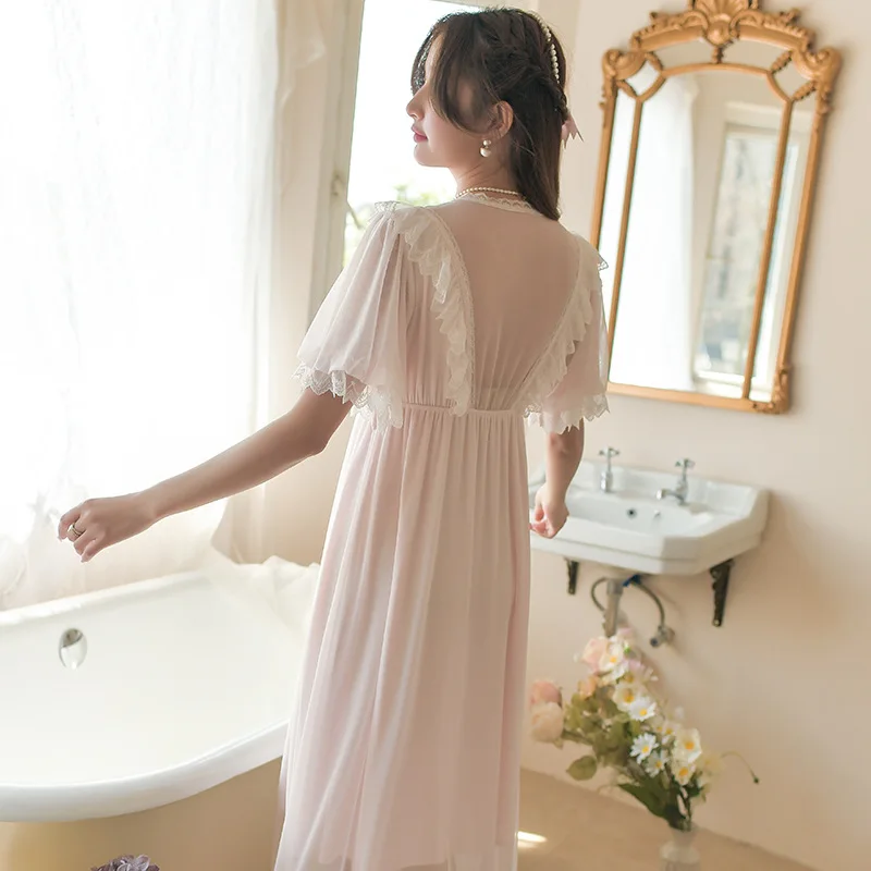 Vintage V-neck Short Sleeve Princess Long Nightgowns For Women Summer Modal Gzuze Lace  Long Sleepwear