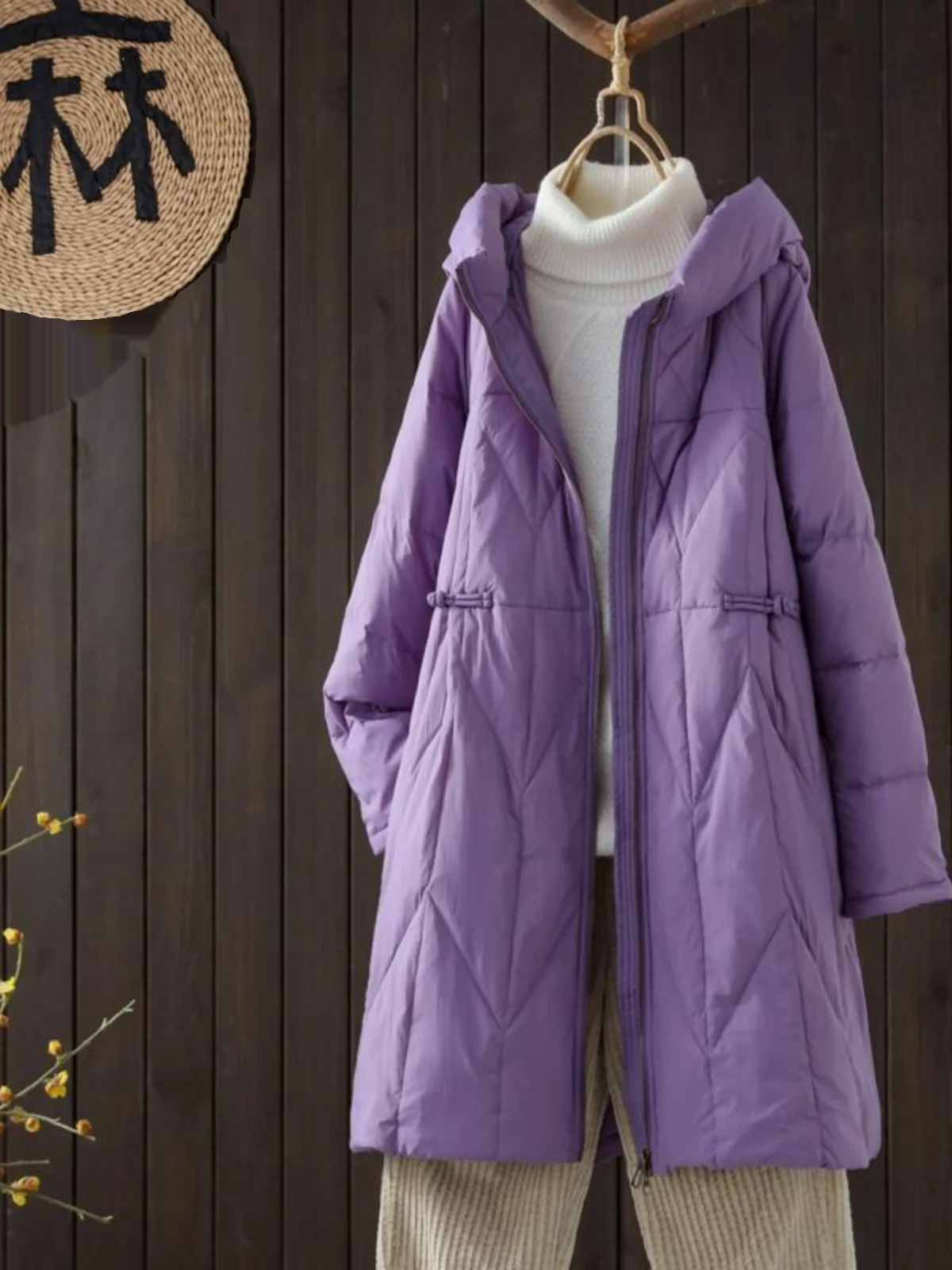 

Женское пальто трапециевидной формы средней длины в стиле ретро Sle White Du down Jaet с пуговицами и капюшоном, улучшенное традиционное ханьфу