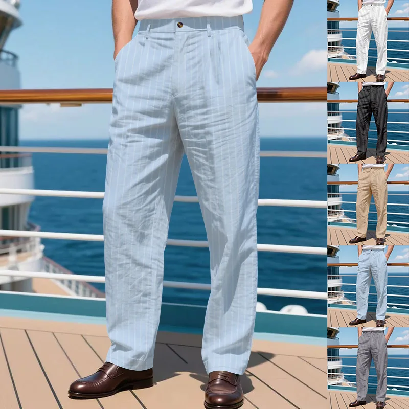 

Men's Pants Summer Thin Linen Loose Breathable Simple Striped Straight Men Casual Pants Trousers