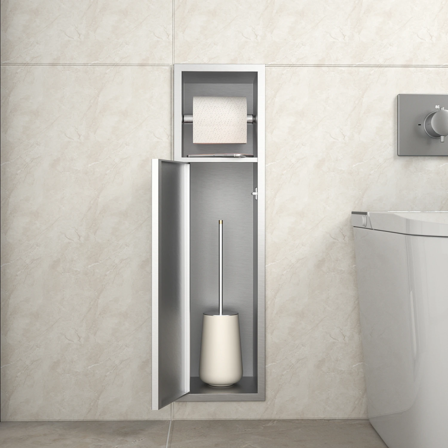 

Premium Quality Brushed Stainless Steel Toilet Paper Holder Free Standing Cabinet with Brush Storage