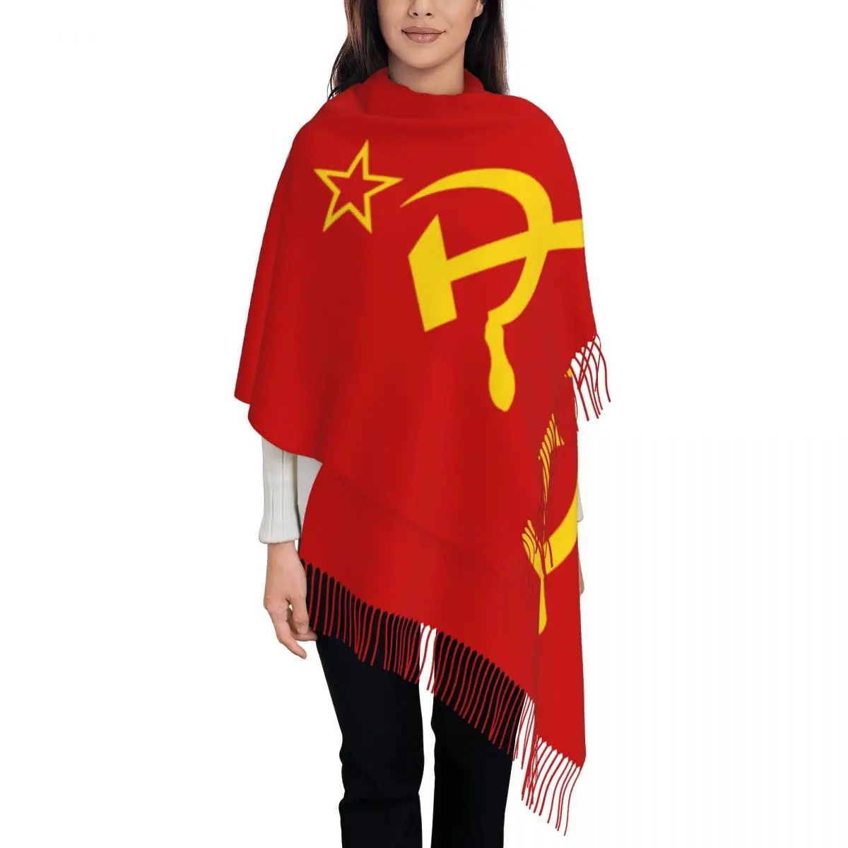 Custom Retro Russian Soviet Flag Tassel Scarf Women Soft USSR Hammer and Sickle CCCP Shawl Wrap Ladies Winter Scarves