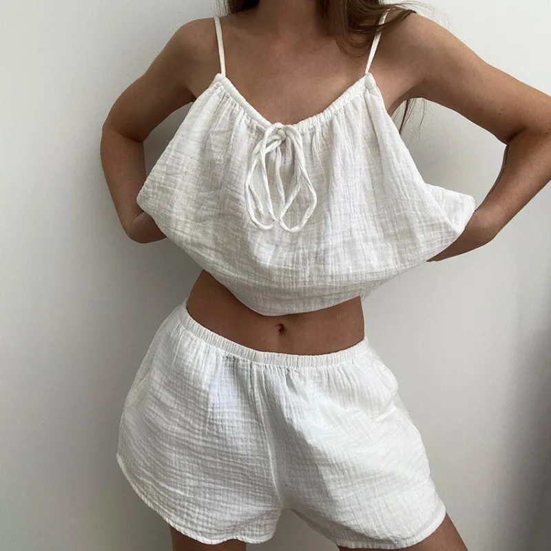 Cotton and Gauze Breathable, Loose and Comfortable Summer Halter Shorts, Cotton and Silk Pajama Set for Cross-border Home Women.