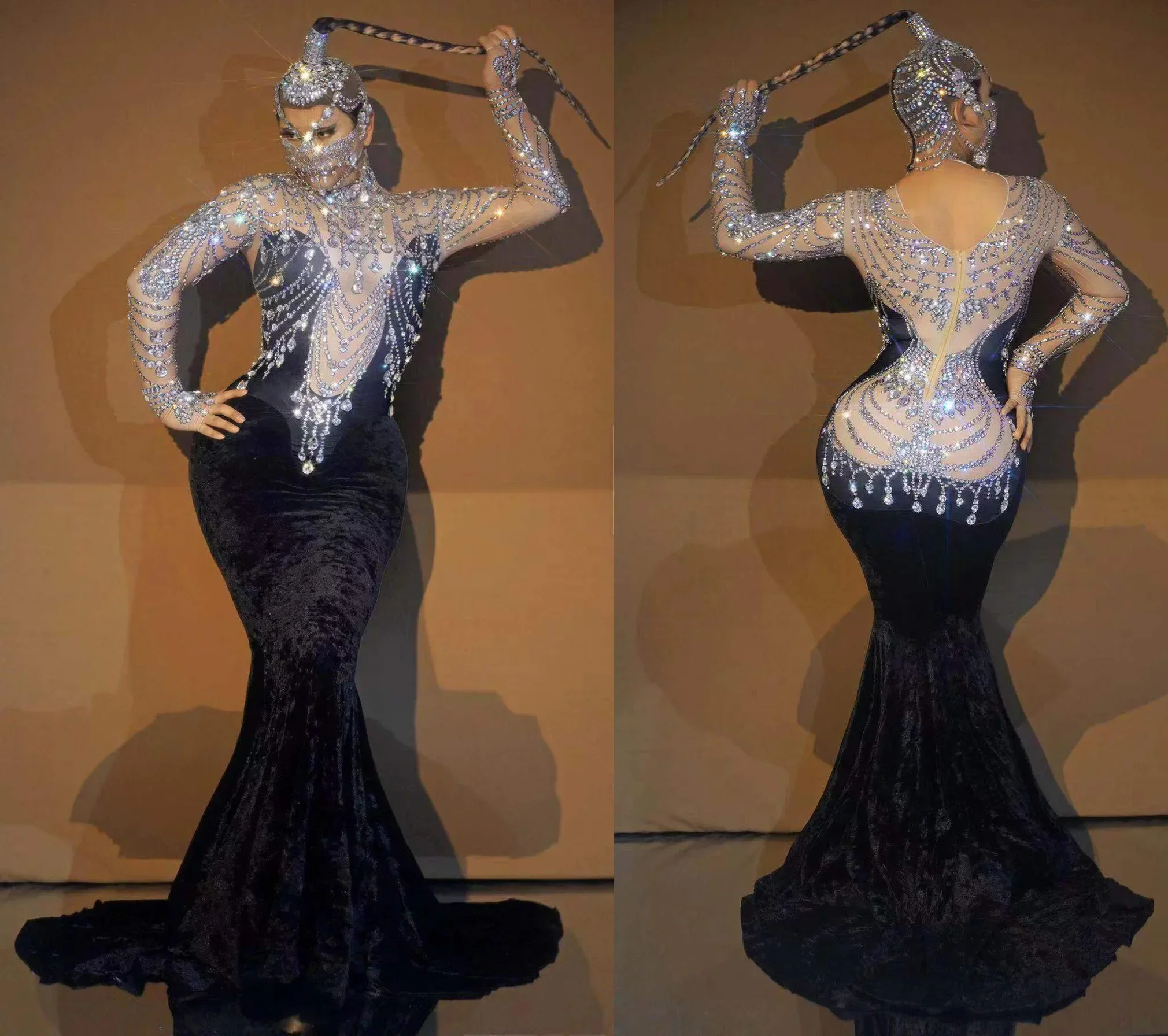 Glister Rhinestone Velvet Mermaid Dress For Women Evening Vintage Style Bachelor Party Banquet Stage Costumes Birthday Outfit