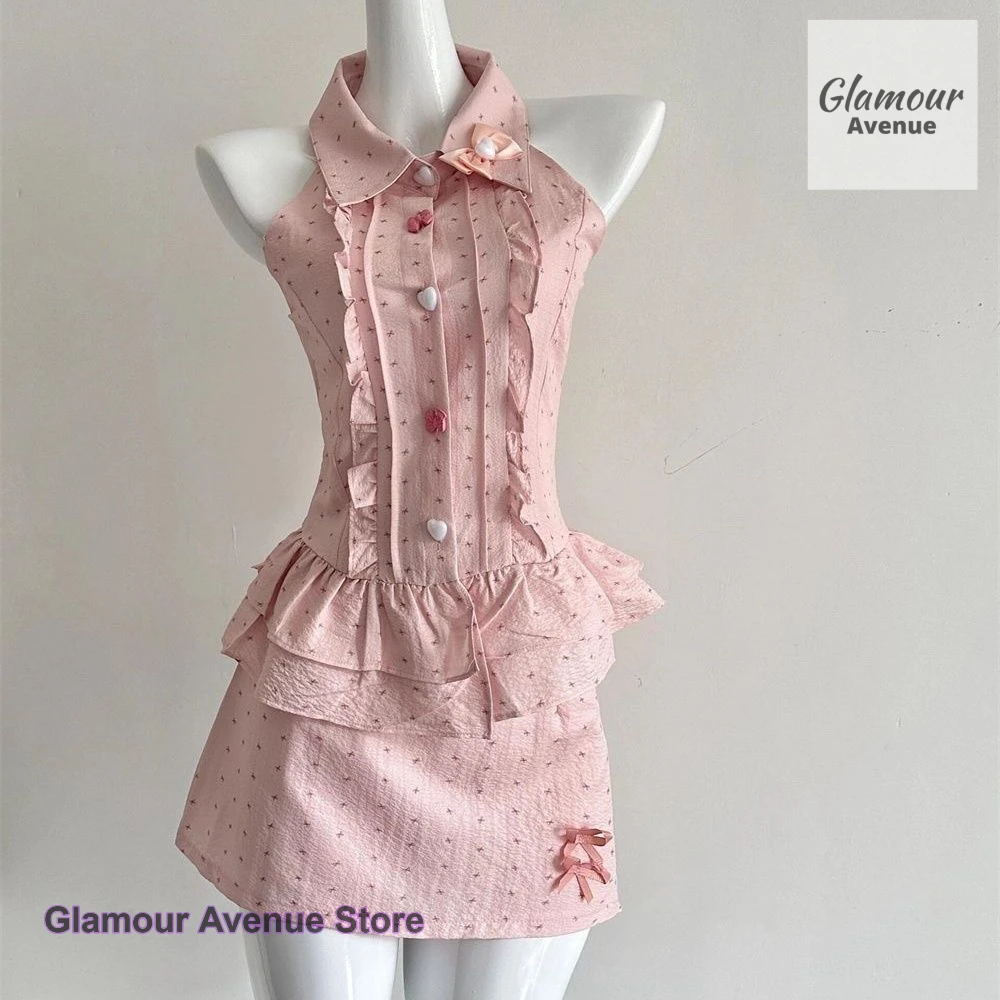 

American retro pink polo collar sleeveless shirt+high waist temperament short skirt suit summer new sweet girl two-piece suit