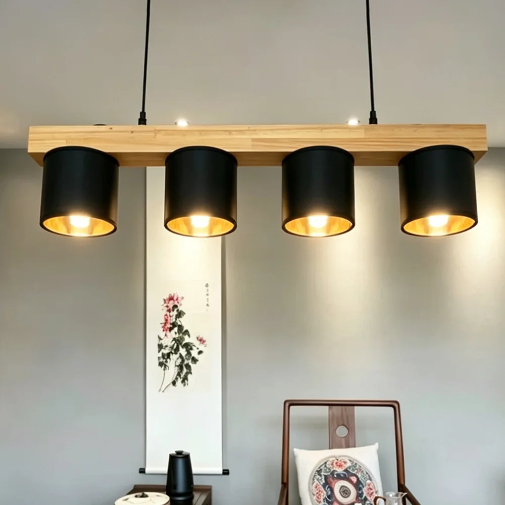 4 Lights Wooden Linear Pendant Light Fabric Shade Adjustable Height Nordic Hanging Lamp for Kitchen Island Restaurant Decor