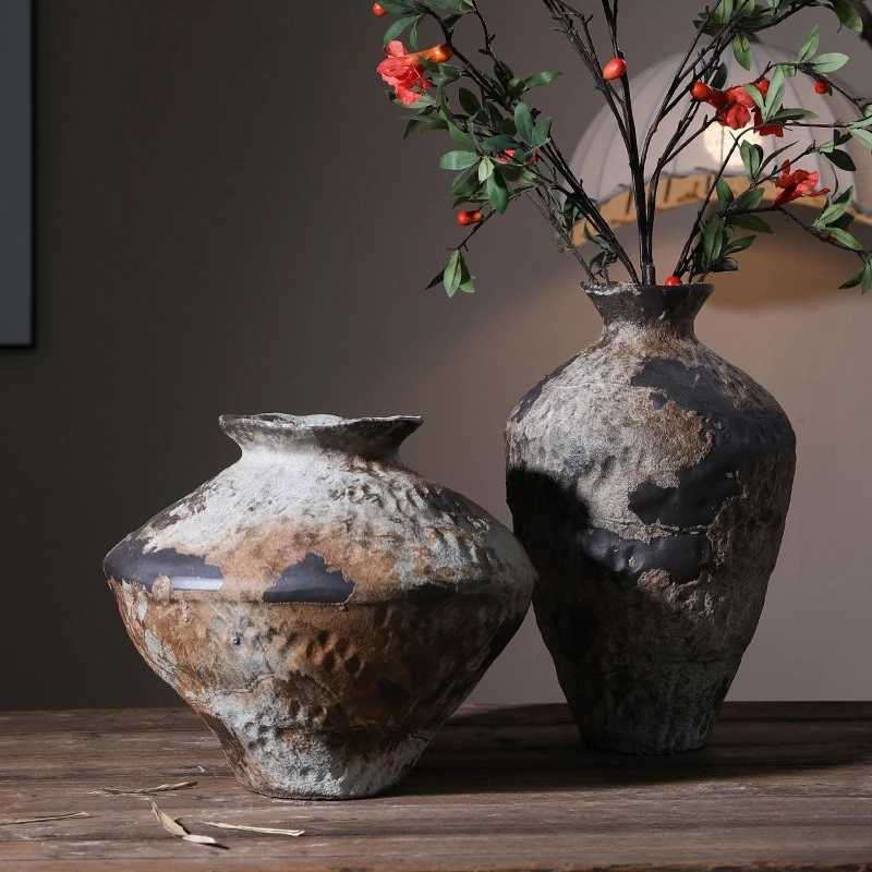 Ceramic vase ornament dried flower arrangement handmade homestay zen high-end coarse pottery pot decoration