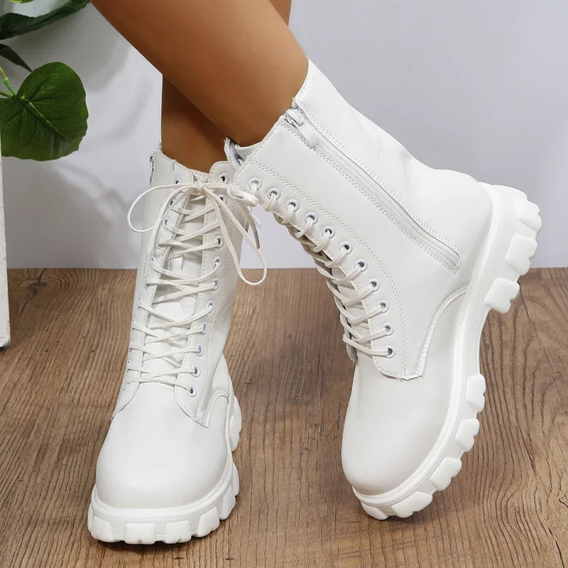 2024 Boots Women  Autumn Winter PU Leather White Ankle Boots Motorcycle Botines Female Chunky Heels Platform Boots Botas Mujer