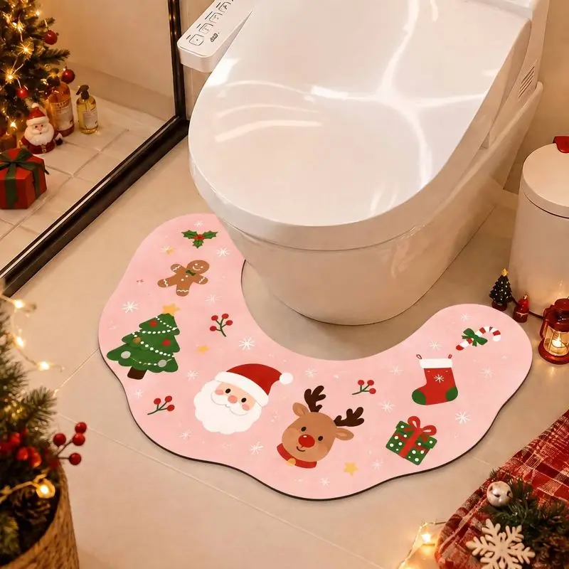 VIKAMA Christmas U Shaped Toilet Mat Santa Tree Snowman Gingerbread Candy Cane Red Green Holiday Bathroom Rug Decor Gift