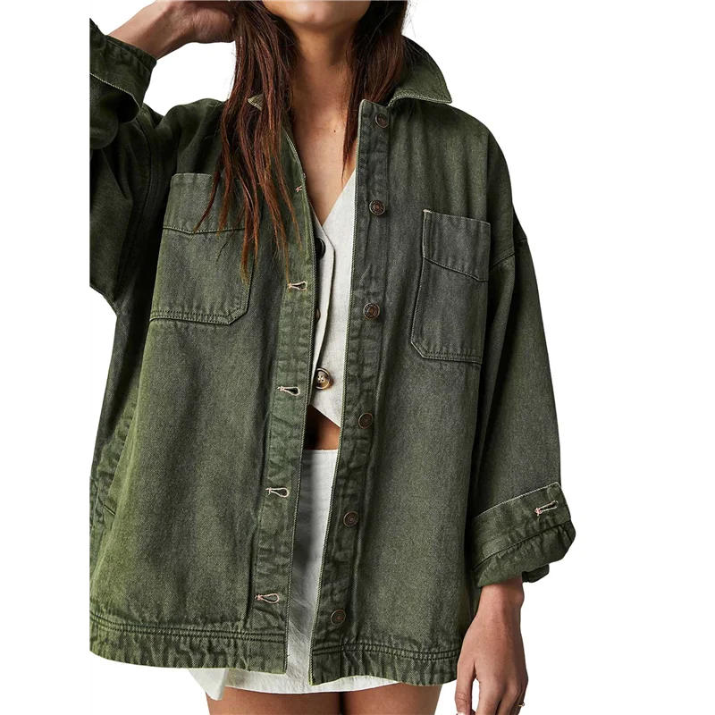 

ABRT-Women's City Denim Jacket-Long Sleeve Oversized Boyfriend Style Jean Jacket With Button Up Front