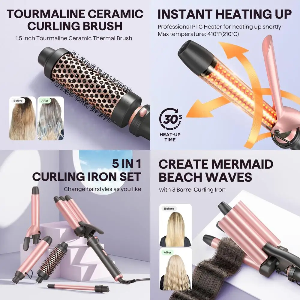 

5-in-1 Curling Wand Set with 5 Interchangeable Barrels, Dual Voltage, Thermal Brush, Hair Crimper, Ceramic Wands (0.5-1.25), Ros